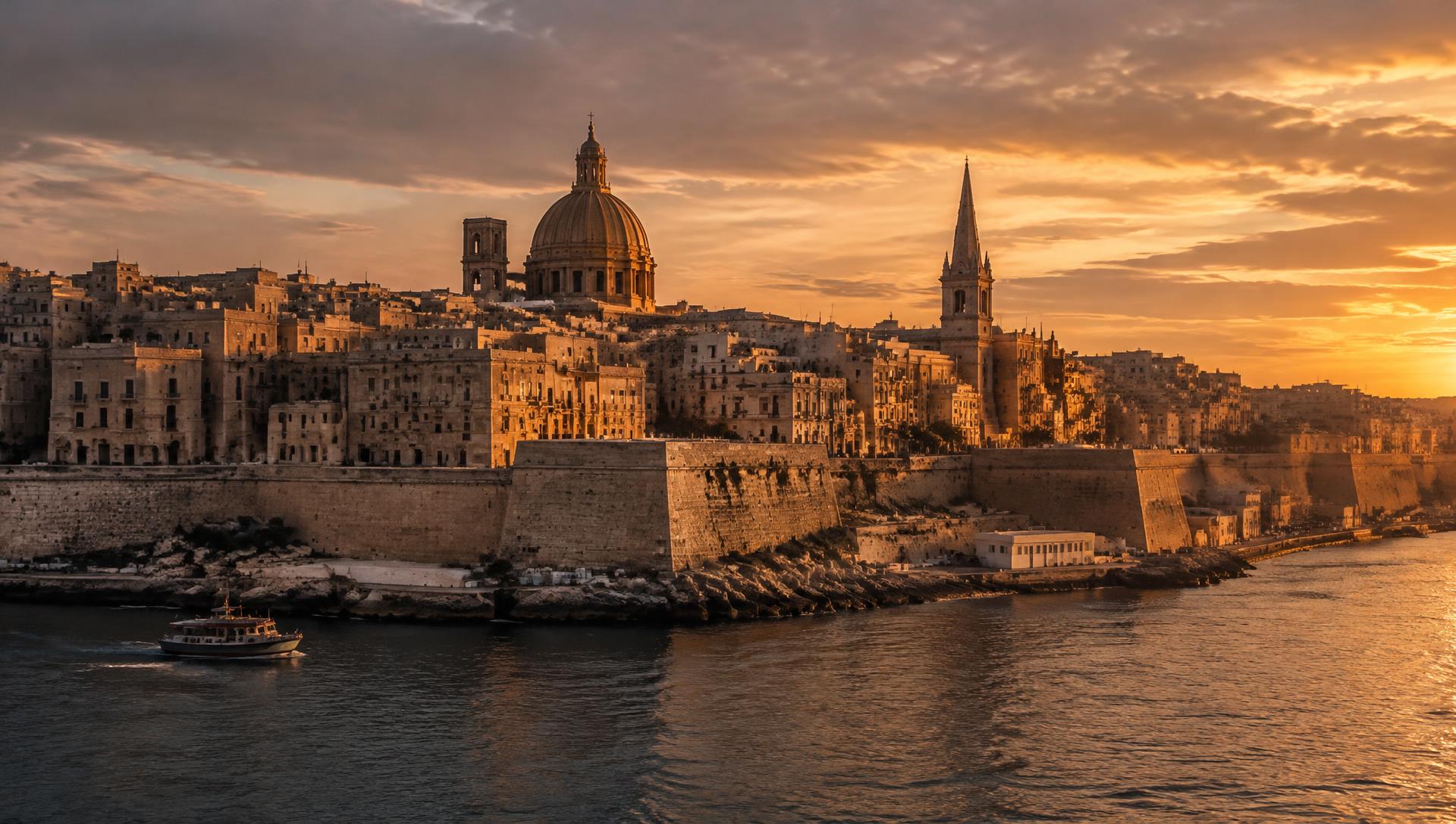 Valletta's fortifications and domes at dusk